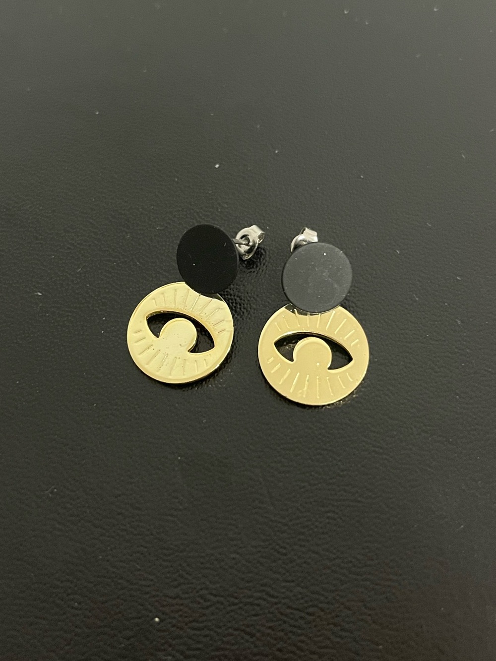 Gold and Black Eye Motif Drop Earrings — Modern Women’s Jewelry